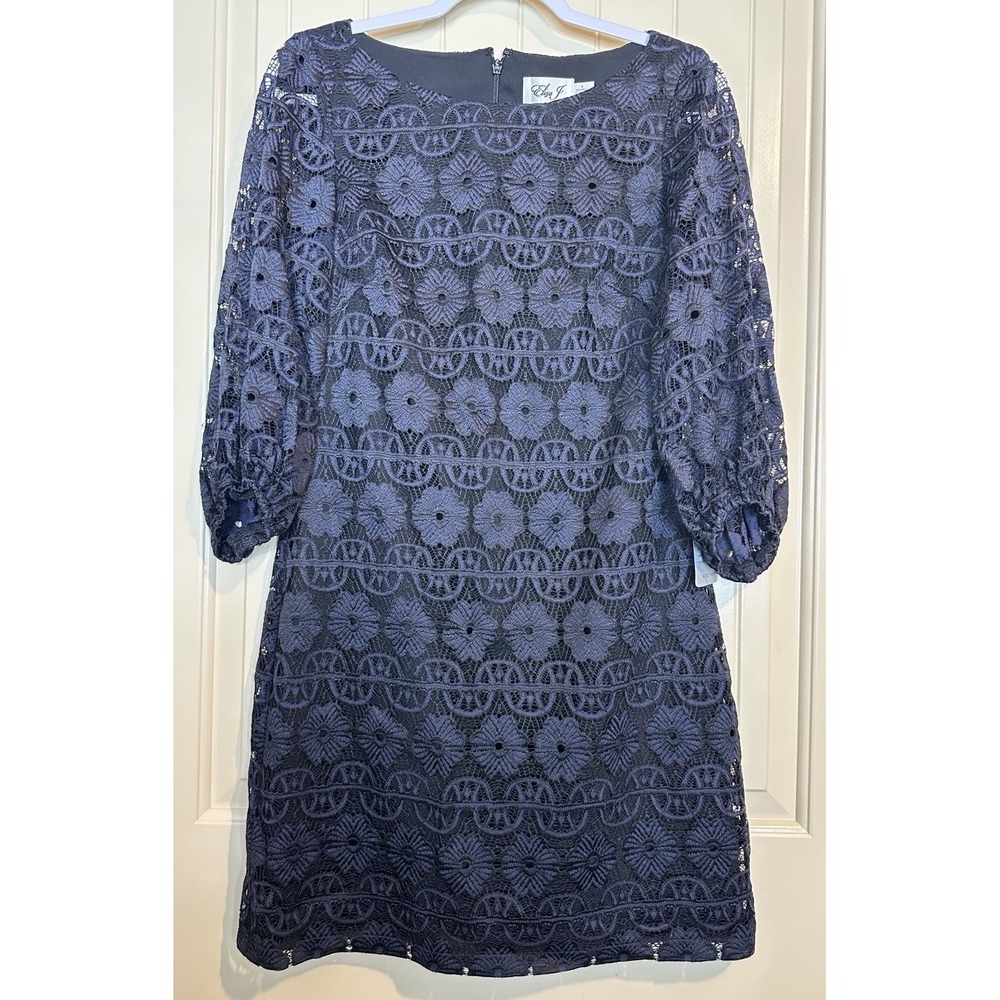 New Eliza J dress 6 Navy illusion lace lined puff sleeve wedding career party